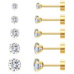 SANNIDHI® 5 Pairs Earrings for Women Flat Back Gold Cartilage Stud Earrings Cubic Zirconia 316L Stainless Steel Earrings Hypoallergenic Nickel-Free Earrings - 3/4/5/6/8mm