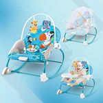 CAREIT Baby Swing Rocker with Adjustable Backrest, Toy Bar with 2 Toys, Feeding Tray, Mosquito Net, Soothing Vibrations & Melodies, Portable & Lightweight Design for Newborns & Infants - Blue