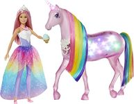 Barbie Dreamtopia Doll & Unicorn Set, Pink-Haired Fashion Doll & Magical Lights Unicorn Toy with Rainbow Mane, Lights & Sounds