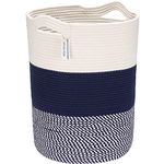 Sea Team Large Size Cotton Rope Woven Storage Basket with Handles, Laundry Hamper, Fabric Bucket, Drum, Clothes Toys Organizer for Kid's Room, 20 x 14 inches, Round Open Design, White & Mottled Navy