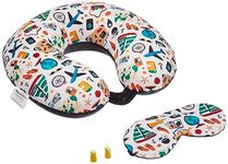 amazon basics 100% Memory Foam Travel Neck Pillow with Eye Mask and Ear Plugs Combo|Ergonomically Designed for Ultimate Comfort, Perfect for Air, Car, Train, Bus Travel-Happy Holidays, Standard Size