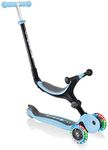 Globber Go Up Foldable 3 Wheel Folding Scooter and Ride On with Light Up Wheels - 15 Months to 7 Years, Kids Toddler Scooter for Boys and Girls with removable seat 2 Year Warranty (Pastel Blue)