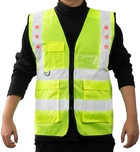 Navaris Chaleco Reflectante con Luces LED - Chaleco de Seguridad Amarillo con 12 luz LED roja - Chalecos Reflectantes con luz Intermitente y Fija - con 7 Bolsillos - Talla L