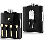 Golf Flask Gift Set 7 oz Stainless Steel Golf Flask with Leather Case Golf Accessories for Men and Women Includes Drinking Flasks Divot Tool Ball Marker and 4 Golfer Tees (Black)