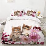 HOMHOMHA Cat and Flowers Bed Duvet Set 3D Printed Two Lovely Kitty with Pink Flowers Pattern Duvet Cover Set Bedspread,Double Size for Kids Girls Boys Adults Bedroom