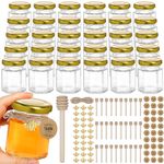 30 Sets 6oz/180ml Hexagonal Honey Jars,Small Glass Jars with Wood Dipper, Bee Pendants, Jutes Rope, and Tags, Canning Jars with Lids Bulk for Wedding Birthday Party Decorations