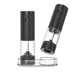 CIRCLE JOY Electric Salt and Pepper Grinder Set Battery Powered Spice Mills with Base, 95ml Transparent Container, White LED Light and External Adjustment, Black