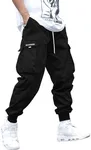 OYOANGLE Men's Casual Drawstring Elastic Waist Flap Pocket Letter Graphic Street Jogger Cargo Pants Black Solid X-Small