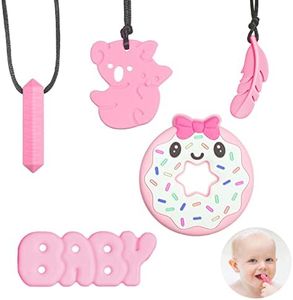 5 pezzi massaggiagengive bambino Sensory masticare collana per bambini, giocattolo da masticare in silicone alimentare, giocattolo da masticare per bambini (rosa)