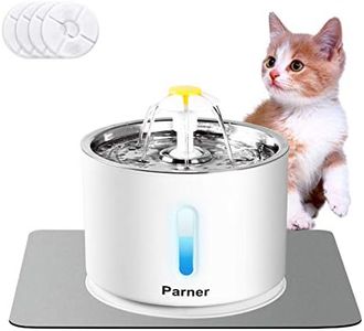 Cat Water Fountain Stainless Steel, LED Indicator 81oz/2.4L Automatic Pet Water Fountain with 4 Replacement Filters & 1 Silicone Mat for Cats, Dogs, Multiple Pets (with Flower & Water Level Window)