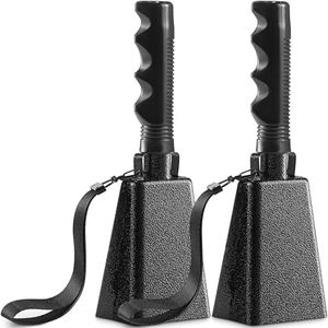 9" Metal Cowbells with Handle - (2 Pack) Cow Bells Loud Cheering Noise Makers for Sporting Events, Football Games, School Spirit, Rallies & Celebrations - Black Steel Percussion Music Instrument