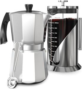 Cafe Du Chateau Espresso Maker & Stainless Steel French Press Bundle - 6 Cup Coffee Percolator w/Coffee Clip Spoon - 34oz Versatile Coffee Press w/ 4-Level Filtration
