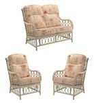 Desser Morley Rattan Conservatory Furniture Set – 2 Seater Sofa & 2x Armchairs – Indoor Cane Wicker Chair Settee Suite with UK Made Cushions – Monet Fabric