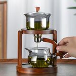 Lazy Kungfu Drip TeaPot, Heat Resistant Tea Set, Semi-Automatic Glass Teapot Suit for Magnetic Water Flow Wooden Glass Teapot Set (Wooden handle+Grey glass)