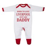 'Born To Love Liverpool Just Like Daddy' Baby Boy Girl Sleepsuit 100% Fine Combed Cotton (12-18 Months, White/Red Trim)