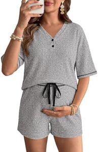 BLENCOT Women's Pregnancy 2 Piece Outfits Pajama Sets V Neck Button Short Sleeve Nursing Shirt and Shorts Summer Lounge Breastfeeding Sets Grey XL