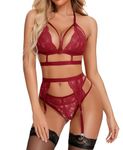 RSLOVE Sexy Lingerie for Women Floral Lace Bra and Panty Set 3 Pieces Bra Set with Garter Belt Red Small