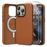 SURPHY Faux Leather Case for iPhone 15 Pro Max Case with Screen Protector, Premium PU Leather Compatible with MagSafe [Metallic Buttons] Cover for iPhone 15 Pro Max 6.7 inch, Brown