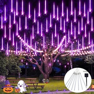 JMEXSUSS Solar Meteor Shower Rain Lights, 30cm 8 Tube 144 LEDs Purple Meteor Lights, Led Falling Rain Fairy String Lights for Xmas Tree Wedding Holiday Party Patio Decoration