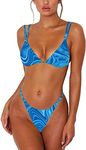 ForBeautyShe Women's Sexy Thong Bottom Two Piece Bikini Double Shoulder Straps Cute Swimsuit Triangle Bathing, 3D Print Blue, Medium