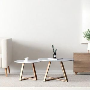 JFIPUUOP 2Pcs Mid-Century Coffee Table Round, Easy Assembly Minimalist Nesting Table Set of2, Natural Wood Tea Table for Livingroom, Office,Balcony,Yard.Separately Use as Side Table Center Table