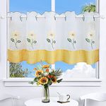 choicehot Short Net White Curtains for Windows - Cafe Kitchen 24 inch Drop Window Voile Valance with Sunflower Embroidery Yellow British Plaid, 60x145cm / 24x57 inch