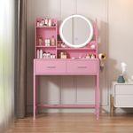 SOOWERY Vanity Desk with Lights and Mirror, Pink Vanity Makeup Table, Dressing Table with Charging Station and 2 Drawers, Small Vanity Desk for Bedroom