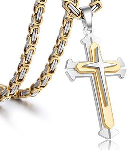 Trendsmax Jewelry Stainless Steel Cross Pendant Necklace Mens Boys Chain 5mm Byzantine Chain 30inch