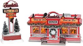 Department 56 Sisal, Plastic, Dolomite Original Snow Village Scooter's Diner Animated Lit Building and Accessory Set, 6.1 Inch, Multicolor