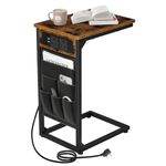 AMHANCIBLE C-Shaped Side Table, Sofa Table with Charging Station, 2 USB & AC Outlets, Bedside Table with Cloth Storage Bag, End Table for Small Spaces, Coffee Table for Living Room, Brown HET04CBR-1