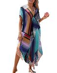 Bsubseach Womens Multicolor Print Beach Kaftan Dresses Short Sleeve Swimsuit Cover Ups for Swimwear