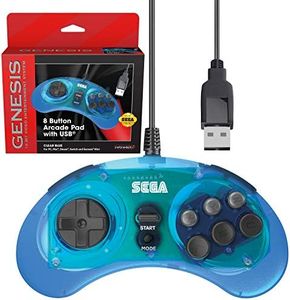 Retro-Bit Official Sega Genesis USB Controller 8-Button Arcade Pad for Sega Genesis Mini, Nintendo Switch, PC, Mac, Steam, RetroPie, Raspberry Pi - USB Port - Clear Blue