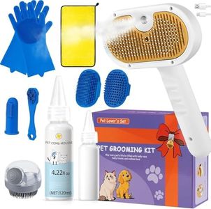 Pet Steam Brush Set for Dogs & Cats, Includes 3-in-1 Self Cleaning Spray Comb, Waterless Shampoo, Defur Tool, Bath Gloves, Bath Brush, Tooth & Ear Brush, Towel (11PCS)