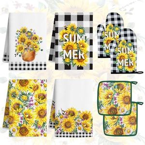 Vetoxka 8 Pcs Sunflower Plaid Kitchen Towels and Dishcloths Sets - Pot Holders and Oven Mitts Set Kitchen Accessories 4 Dish Towels 2 Absorbent Square Potholders for Cooking Baking Farmhome Gifts