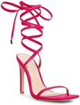 Ermonn Womens Lace Up High Heeled Sandals Square Open Toe Stiletto Strappy Summer Wedding Dress Shoes, Rose Red, Size 7.5