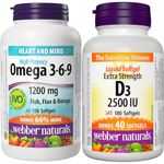 Webber Naturals Omega 3-6-9 1,200 mg Fish Oil & Vitamin D3 2500 IU Extra Strength, 180 Softgels, For Healthy Bones, Teeth, and Helps Prevent Vitamin D Deficiency