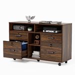 VINGLI 41" Wide 4 Drawer File Cabinet with Lock, Wood Lateral Dark Brown File Cabinet with Open Shelves, Lockable Rolling File Cabinet for Home Office, Lateral File Cabinet Printer Stand, Letter Sized