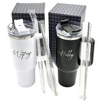 QualityVibe Wifey & Hubby Wedding Gift 40 oz Engraved Tumbler Set Of 2 For couples With Straw & Brush. Christmas or Engagement Gift Set For Bride & Groom.