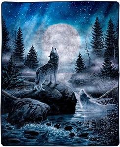 Wolf Blanket - 80x92-Inch Printed Howling Wolf Moon Blanket - Plush Thick 8lb Faux Mink Queen Throw for Couches, Sofas, or Beds by Lavish Home (Blue)