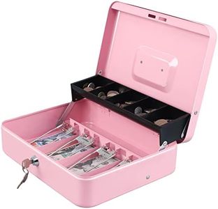 xydled Cash Box with Money Tray and Key Lock,Tiered, Cantilever Design,4 Bill / 5 Coin Slots,11.8" x 9.5" x 3.5",Pink