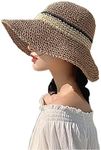 WITERY Trendy Summer Straw Sun Hat for Women Chic Panama Style Beach Hats Foldable Wide Brim Floppy Fedora UPF 50 - Packable Khaki