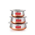 HAZEL Copper Bottom Urli Handi Set with Lid Cover | 3 Pieces Stainless Steel Cookware Set Serving Cooking Tope Bowl for Kitchen | Copper Bottom Vessels for Cooking