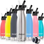 Moon Insulated Water Bottle with Straw Lid - Stainless Steel Drink Bottles for Kids, Travel & Sport - 24hr Cold, 12hr Hot, Reusable, Leakproof, Carbon Neutral, Recyclable Packaging (500ml, Silver)