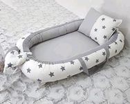 Fadi Baby nest Bedding Set/New Born Bed nest with Mosquito Net and Pillow/Washable and Portable Sleeping Bag/Playgym Mattress/Crib Bedding Set for 0 to 12 Months (92x45x11cm, Grey,White)