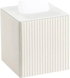 KINGFOM Square Pu Leather Tissue Box Cover, Modern Facial Tissue Holder, Roll Tissues Paper Case Dispenser for Bathroom Vanity Countertop, Night Stands, Office Desk (Off-White Strips)