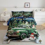 Manfei Christmas Kids Comforter Set,Green Truck Trailer Kawaii Snowman Bedding Set All Season,Neon Glitter Pine Trees Xmas Night Romantic Comforter 2 Pcs with 1 Pillowcase,Twin Size