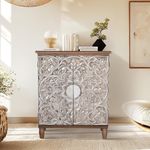 MFSTUDIO Wood Accent Storage Cabinet with 2 Doors, Vintage Buffet Sideboard Cabinet Embossed Pattern Decorative Cabinet for Entryway Dining Room Living Room, Brown and Silver