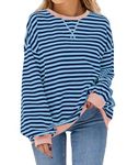 iChunhua Y2k Color Contrast Long Sleeve Tops Women Loose Fit Striped Jumper Fashion Soft Ladies Sweatshirts Size 12 Navy M