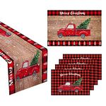 Christmas Decoration Set of 6, Festival Theme Red Truck Table Runnerx1 doormatx1 Placematsx4, Complete Holiday Decor Set for Kitchen Coffee Table Family Dinners Dresser Indoor Outdoor Party Setting