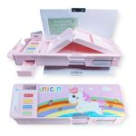 Umadiya® Multifunctional Cute Unicorn School Pencil Box for Girls - Multi Compartment Button Operated Unicorn Compass Box with Shapner, Aesthetic Stationary Items- Pencil case & Geometry Box for Kids